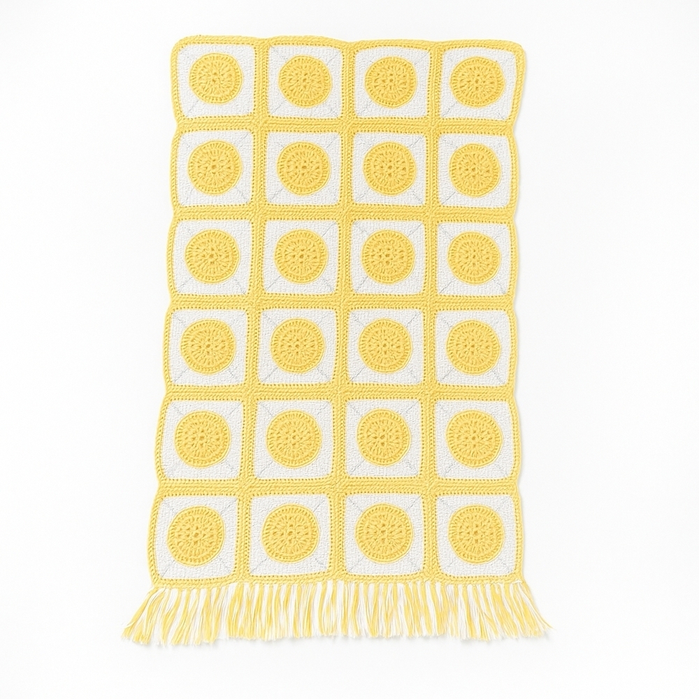Handmade Yellow White Crochet Granny Square Blanket 37x63 Sunflower Fringe Retro - Picture 3 of 17